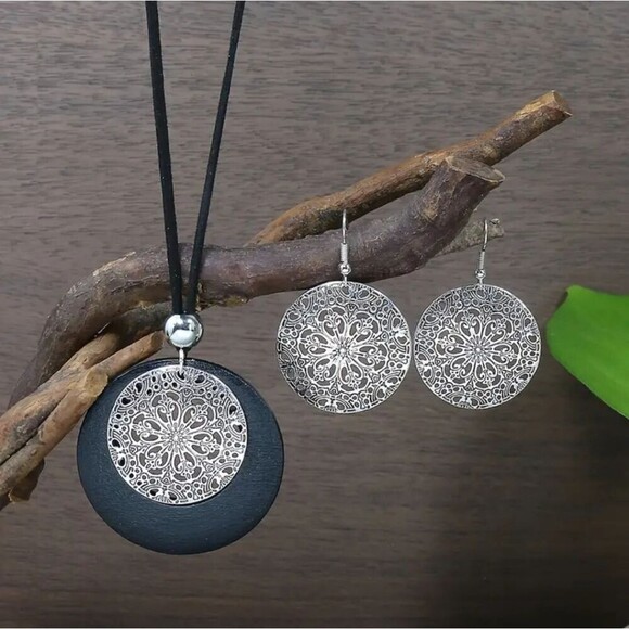 Necklace earring matching mandala boho jewelry set wood alloy combo - Picture 2 of 9